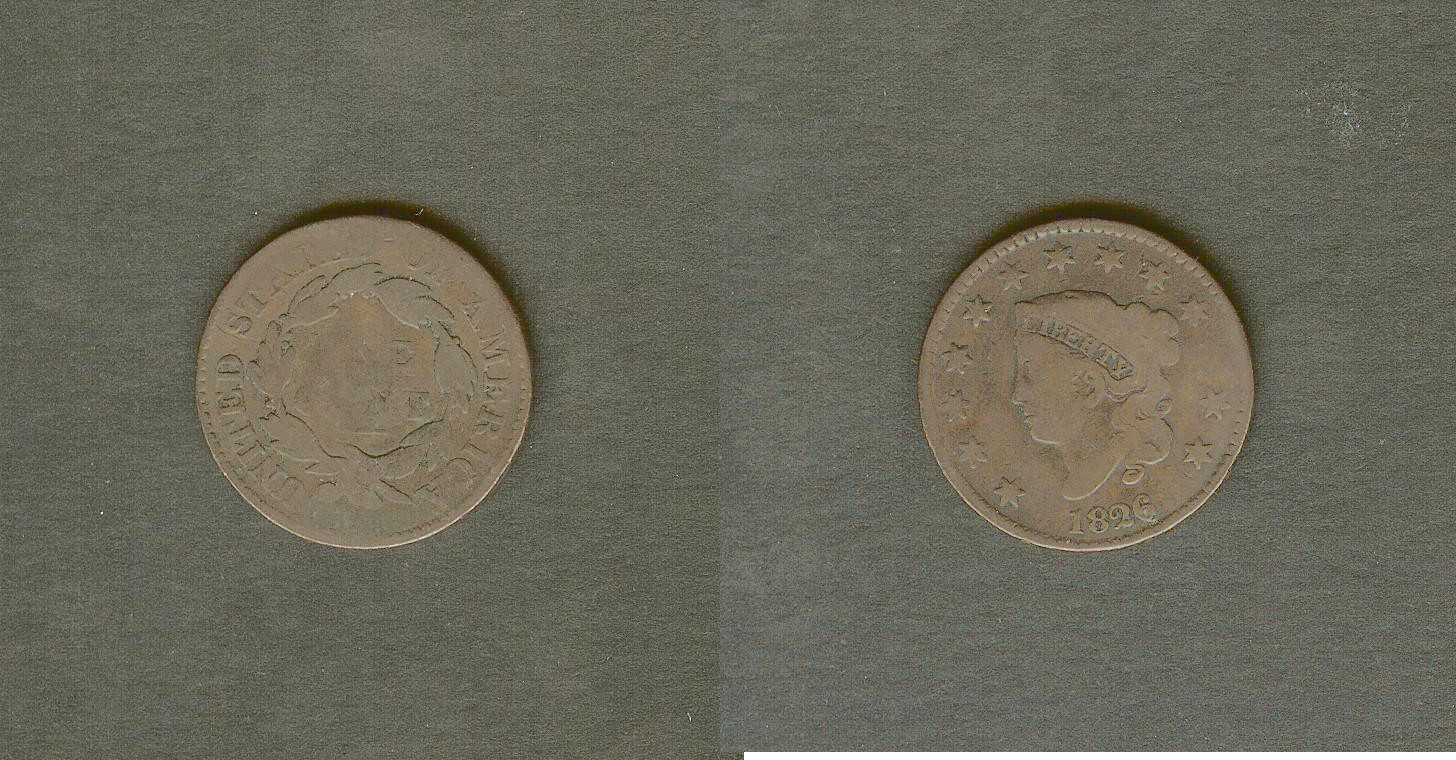 USA 1 cent \"matron head\" 1826 aVF/F